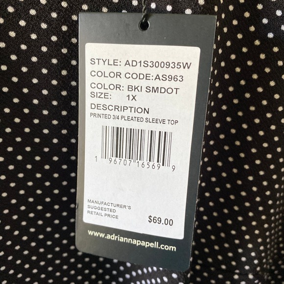 Adrianna Papell Women's Top Size 1X Black White Polka-Dot 3/4-Length Sleeves NWT - Picture 6 of 8